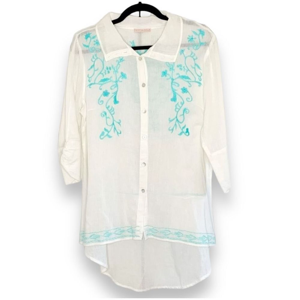 Piccola Bella Linen Button Front Blue Embroidery Shirt Cover-Up Women’s Size - M